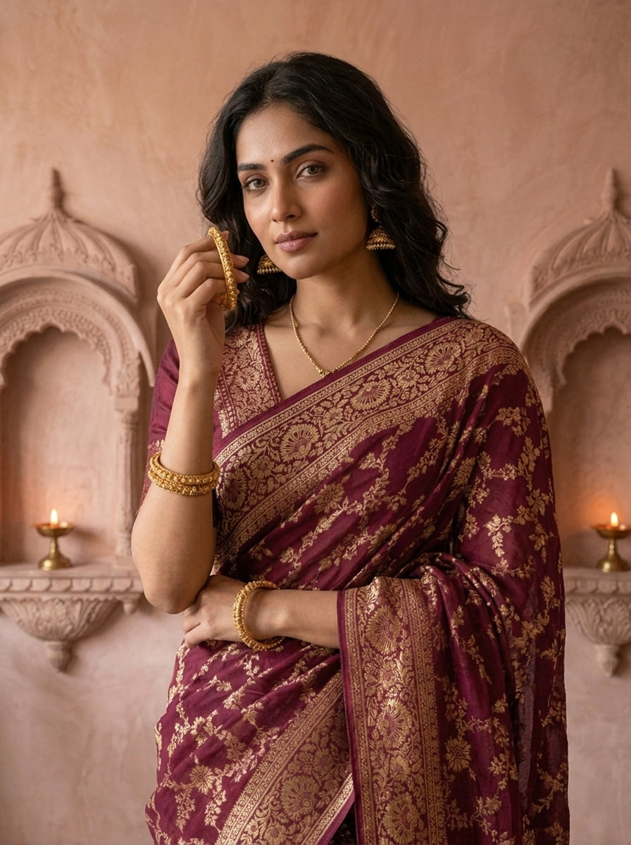 Wine Banaras Floral Design Weaved Saree