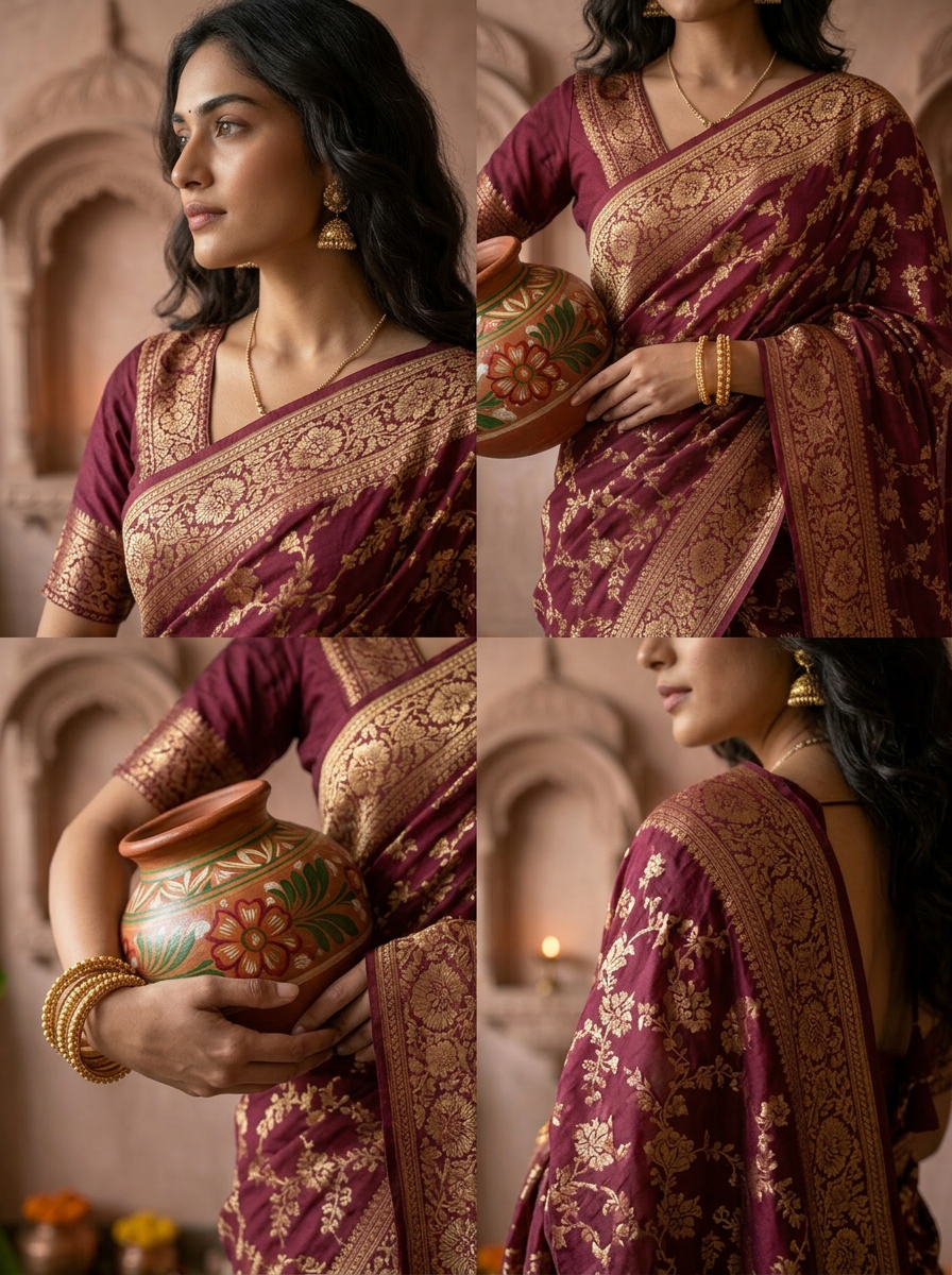 Wine Banaras Floral Design Weaved Saree