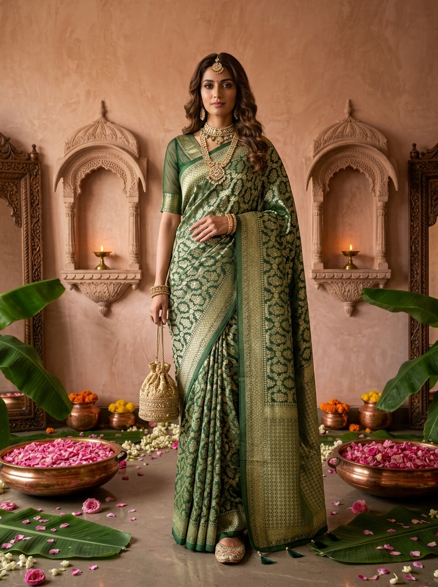 Bottle Green Banaras Weaved Saree With Heavy Floral Design