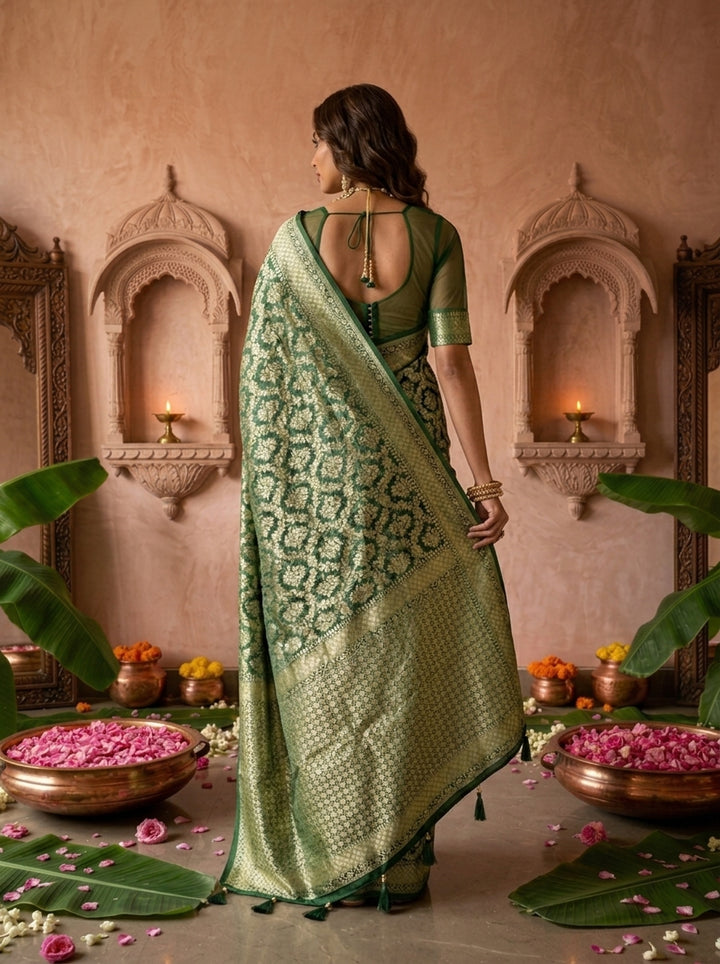 Bottle Green Banaras Weaved Saree With Heavy Floral Design