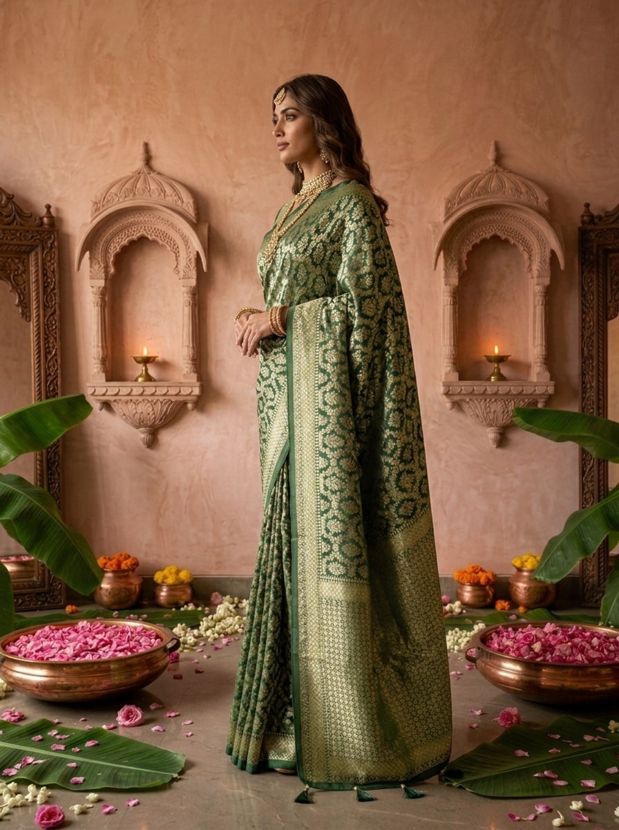 Bottle Green Banaras Weaved Saree With Heavy Floral Design