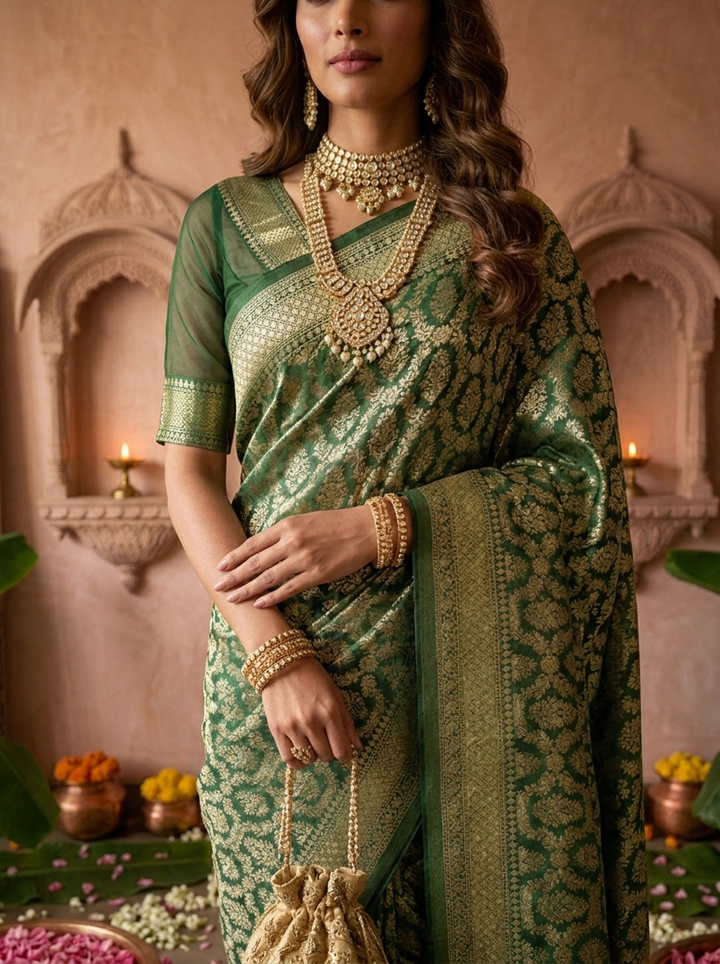 Bottle Green Banaras Weaved Saree With Heavy Floral Design