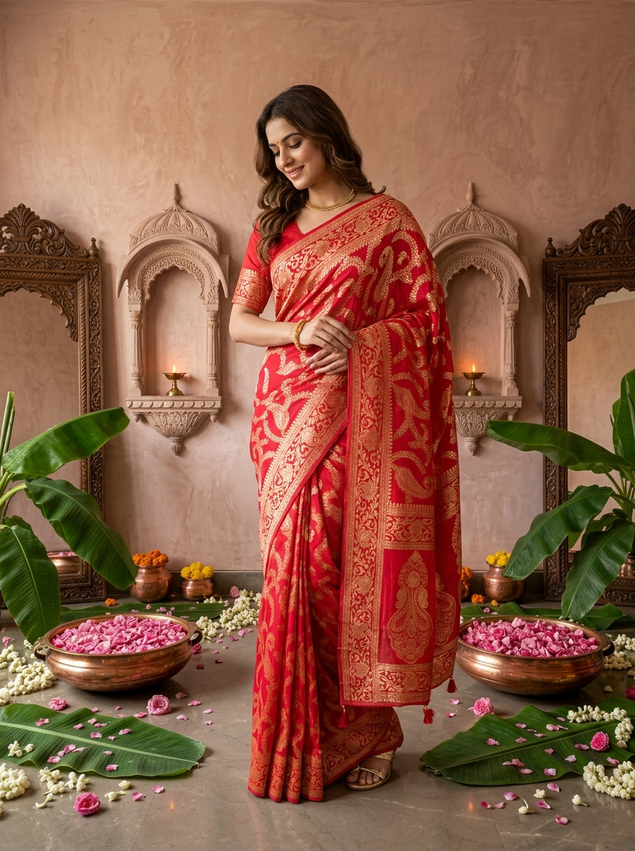 Rani Pink Banaras Floral Design Weared Saree