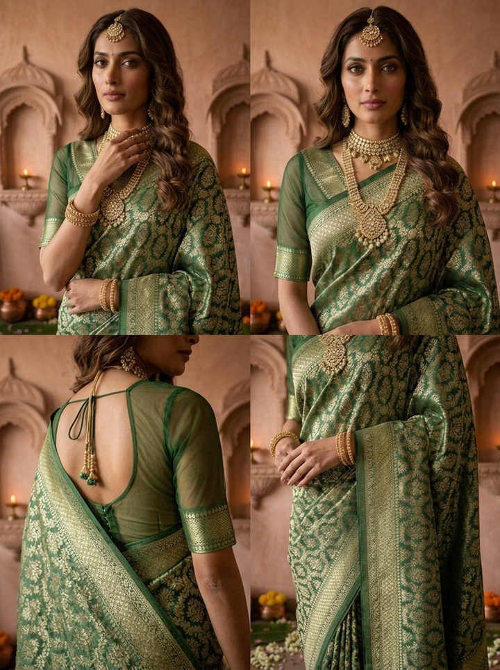 Bottle Green Banaras Weaved Saree With Heavy Floral Design