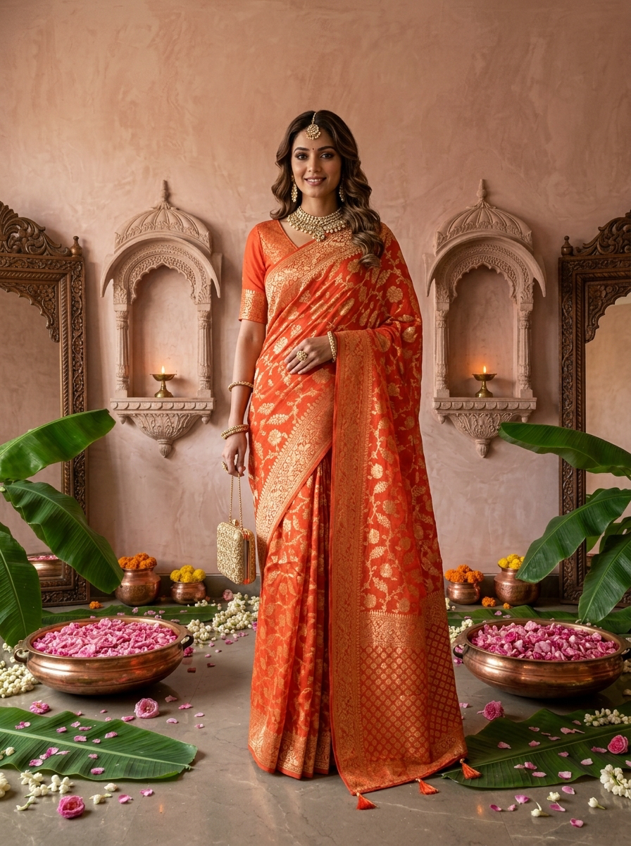 Orange Banaras Weaved Floral Design Saree