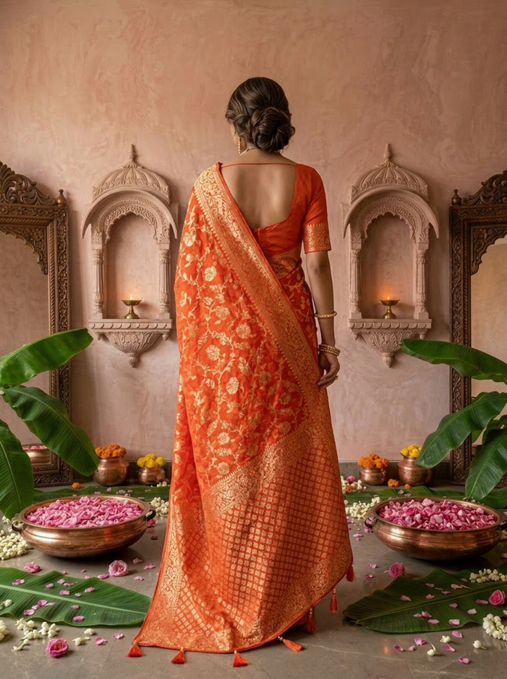 Orange Banaras Weaved Floral Design Saree