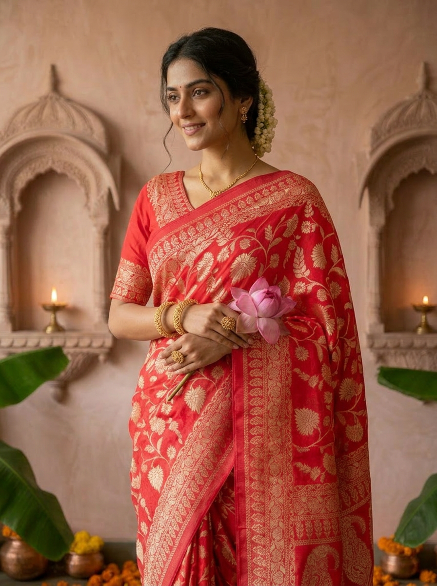 Rani Pink Banaras Weaved Saree With Floral Design