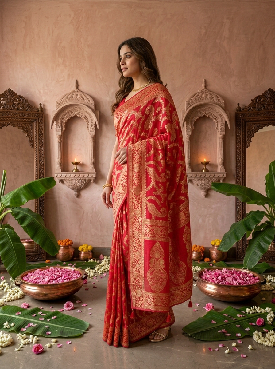 Rani Pink Banaras Floral Design Weared Saree