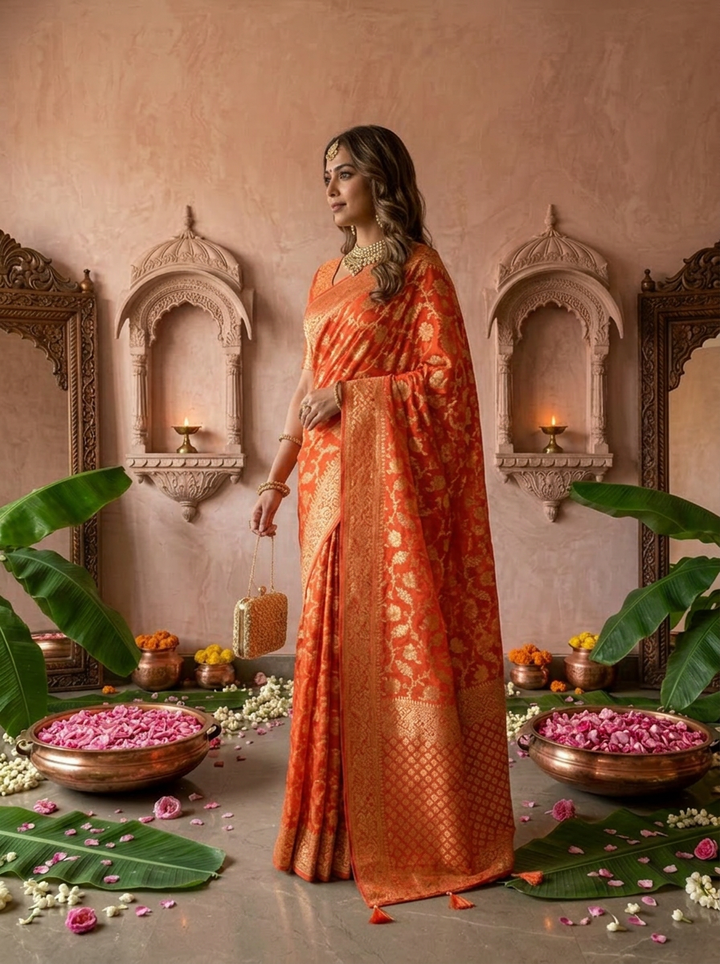 Orange Banaras Weaved Floral Design Saree