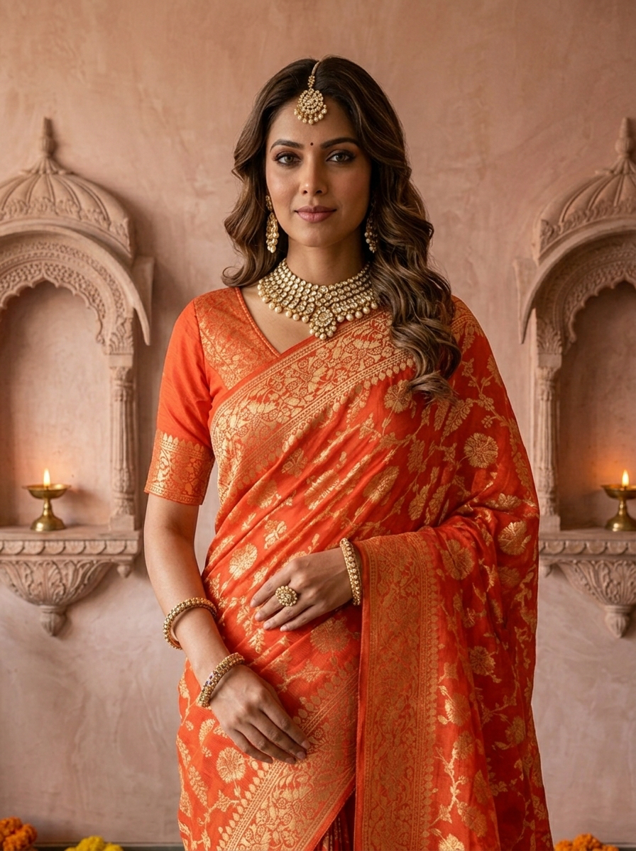 Orange Banaras Weaved Floral Design Saree