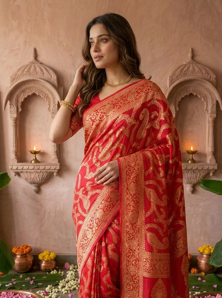 Rani Pink Banaras Floral Design Weared Saree