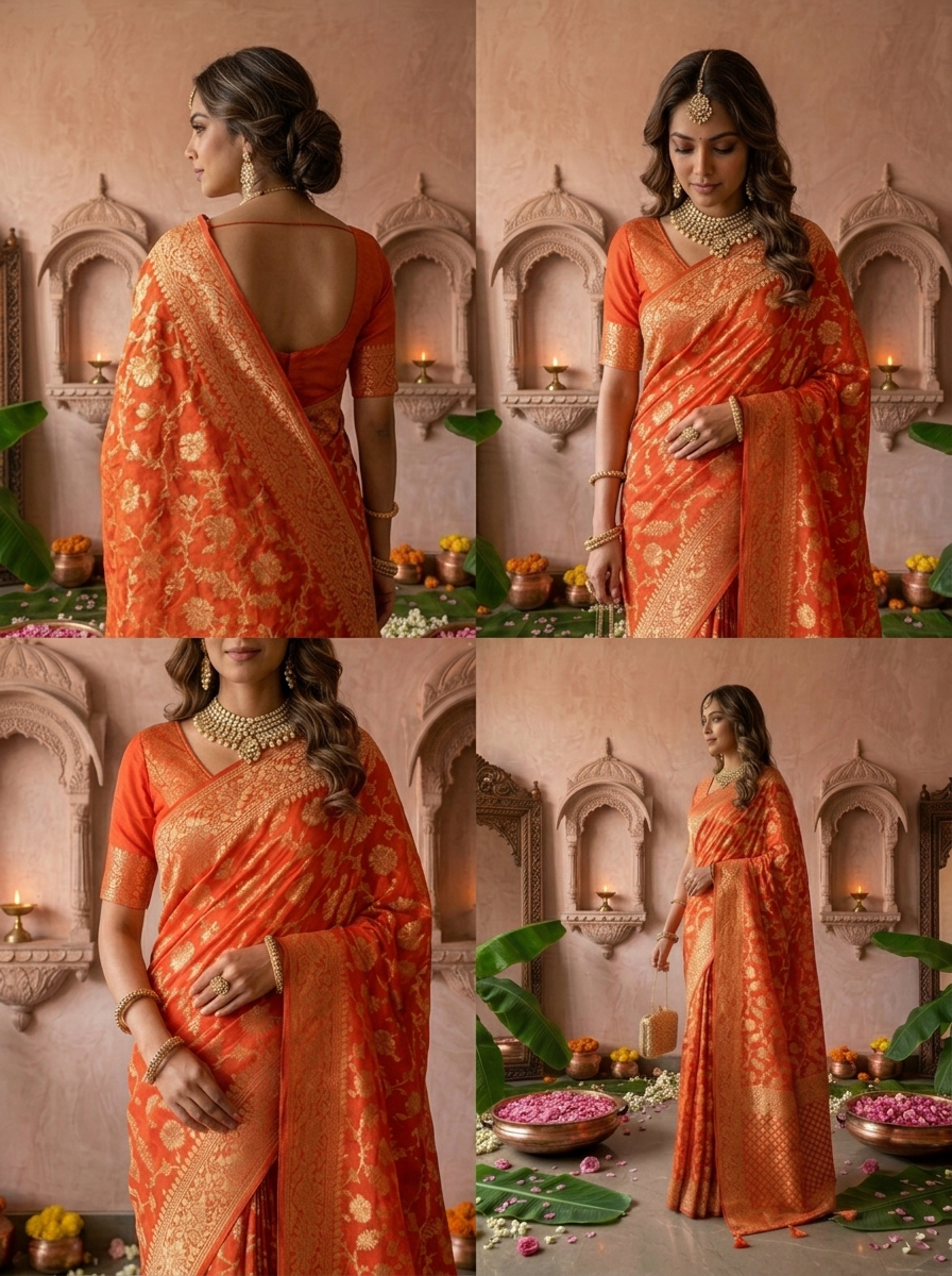 Orange Banaras Weaved Floral Design Saree