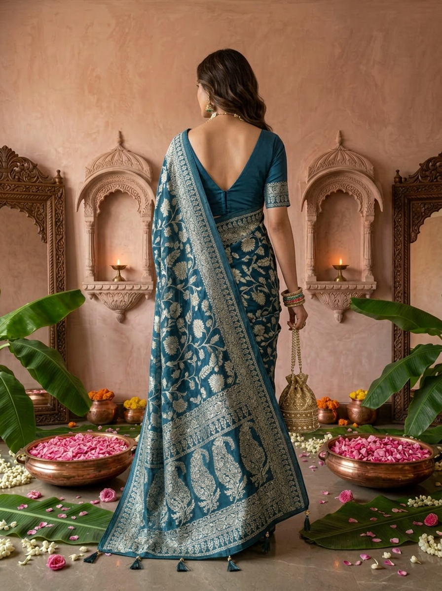 Peacock Banaras Weaved Saree With Floral Design