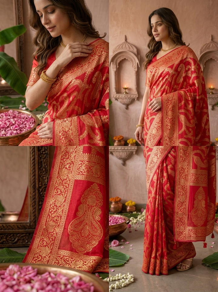 Rani Pink Banaras Floral Design Weared Saree