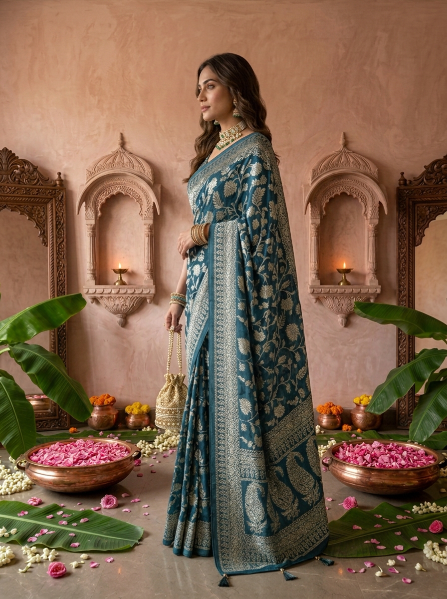 Peacock Banaras Weaved Saree With Floral Design