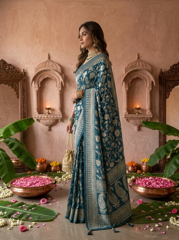 Peacock Banaras Weaved Saree With Floral Design