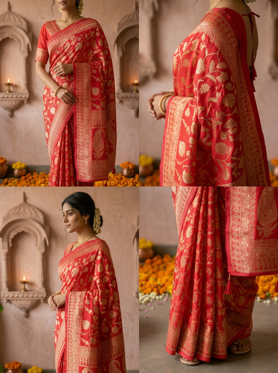 Rani Pink Banaras Weaved Saree With Floral Design