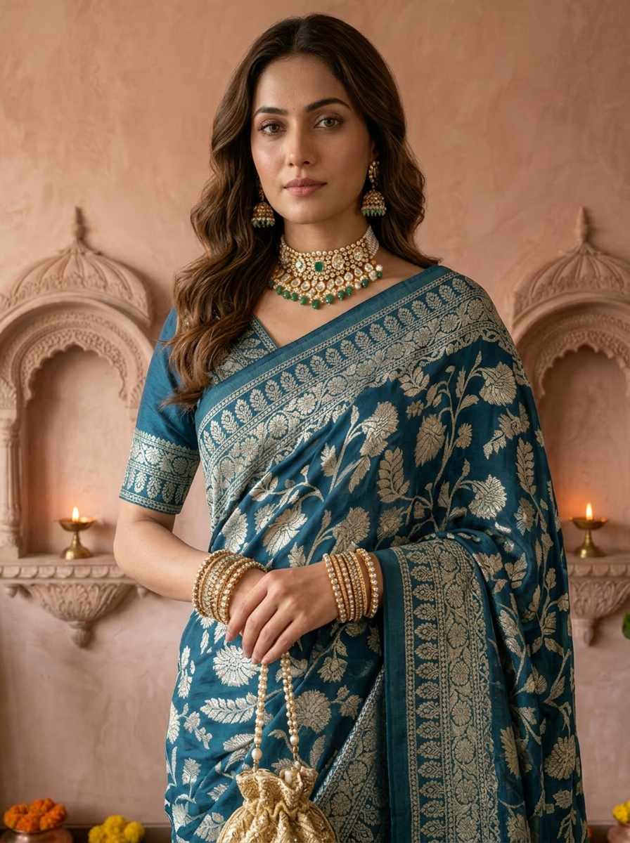 Peacock Banaras Weaved Saree With Floral Design
