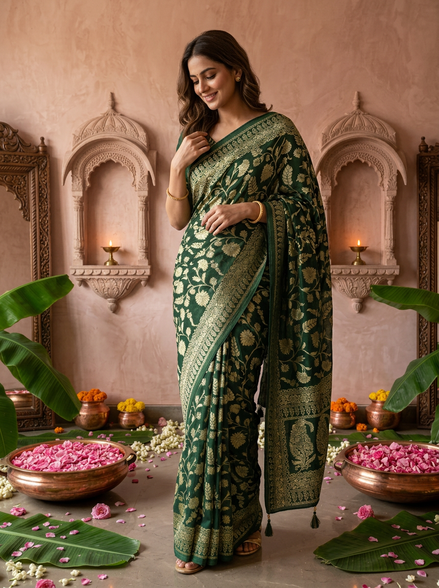 Bottle Green Banaras Weaved Saree With Floral Design