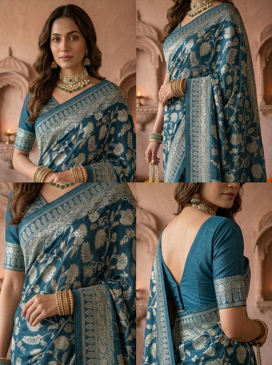 Peacock Banaras Weaved Saree With Floral Design