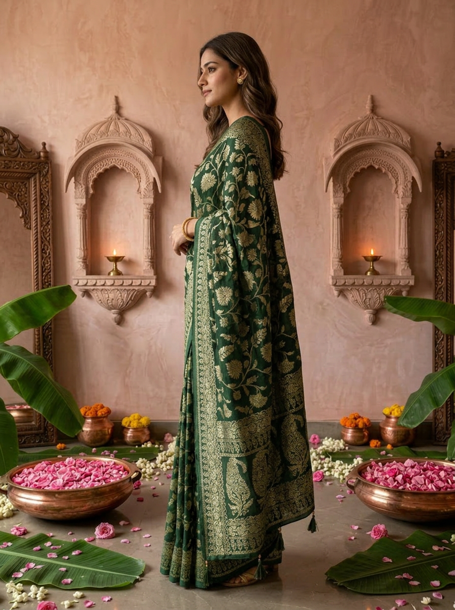 Bottle Green Banaras Weaved Saree With Floral Design