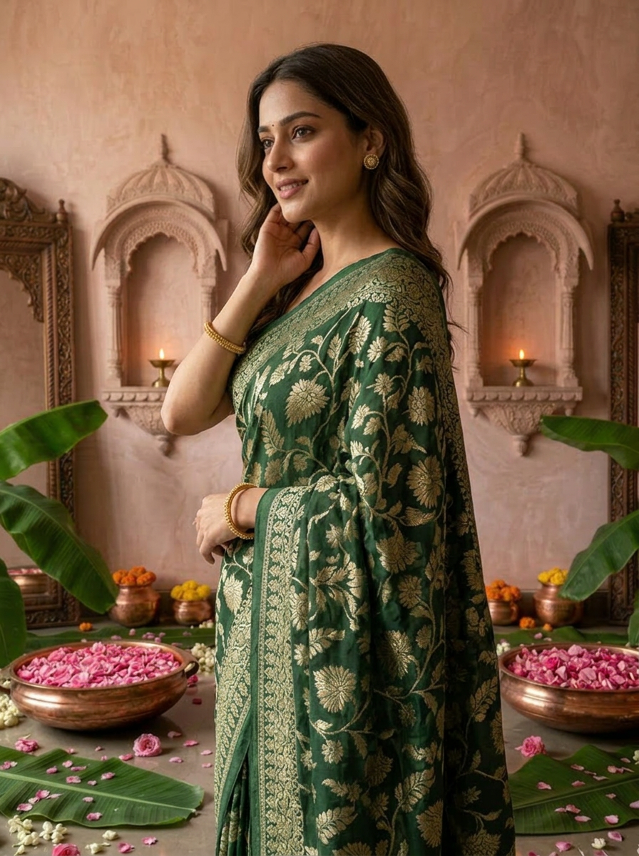 Bottle Green Banaras Weaved Saree With Floral Design