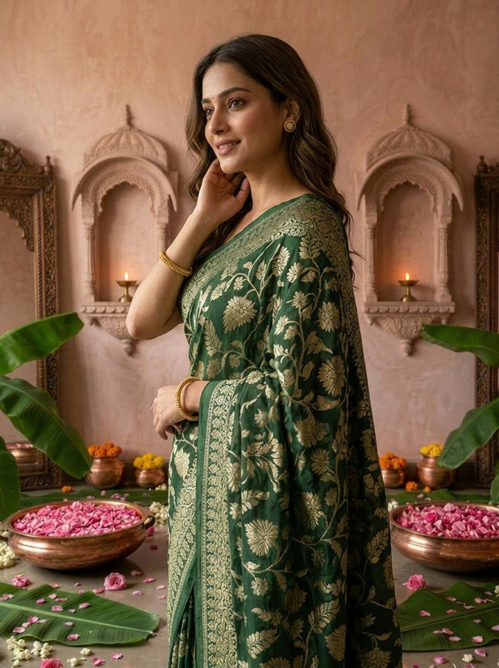 Bottle Green Banaras Weaved Saree With Floral Design