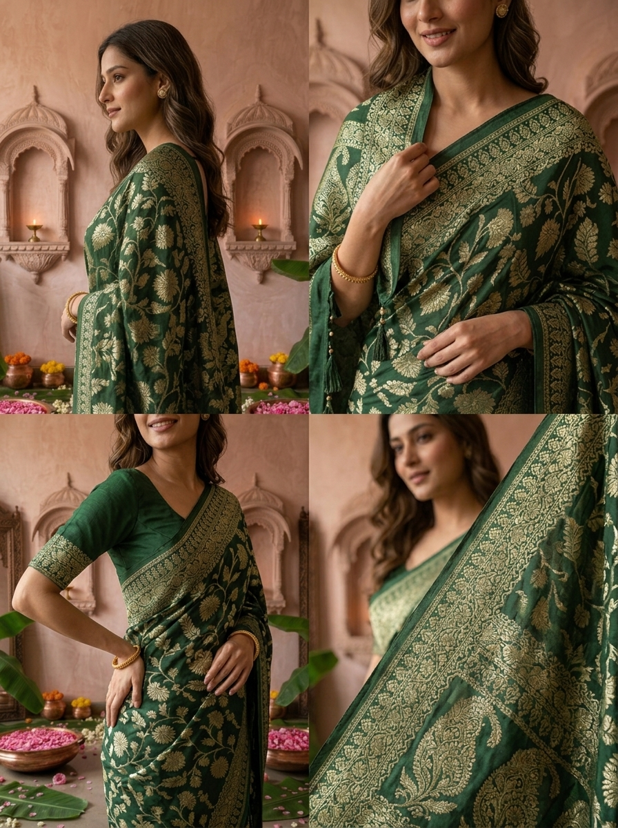 Bottle Green Banaras Weaved Saree With Floral Design
