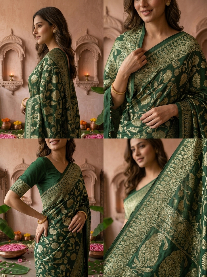 Bottle Green Banaras Weaved Saree With Floral Design