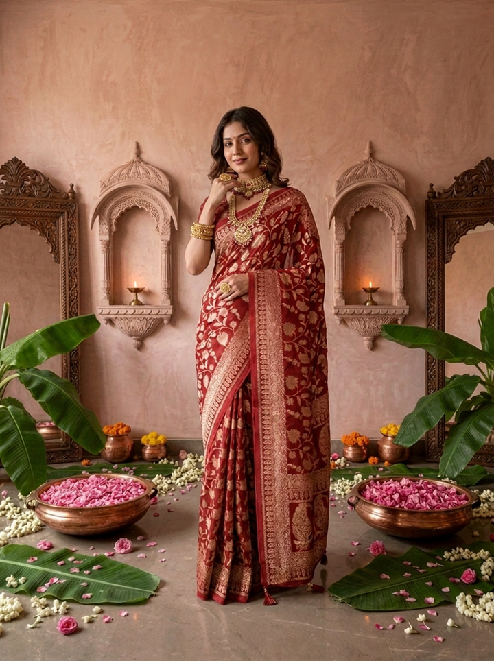 Maroon Banaras Weaved Saree With Floral Design