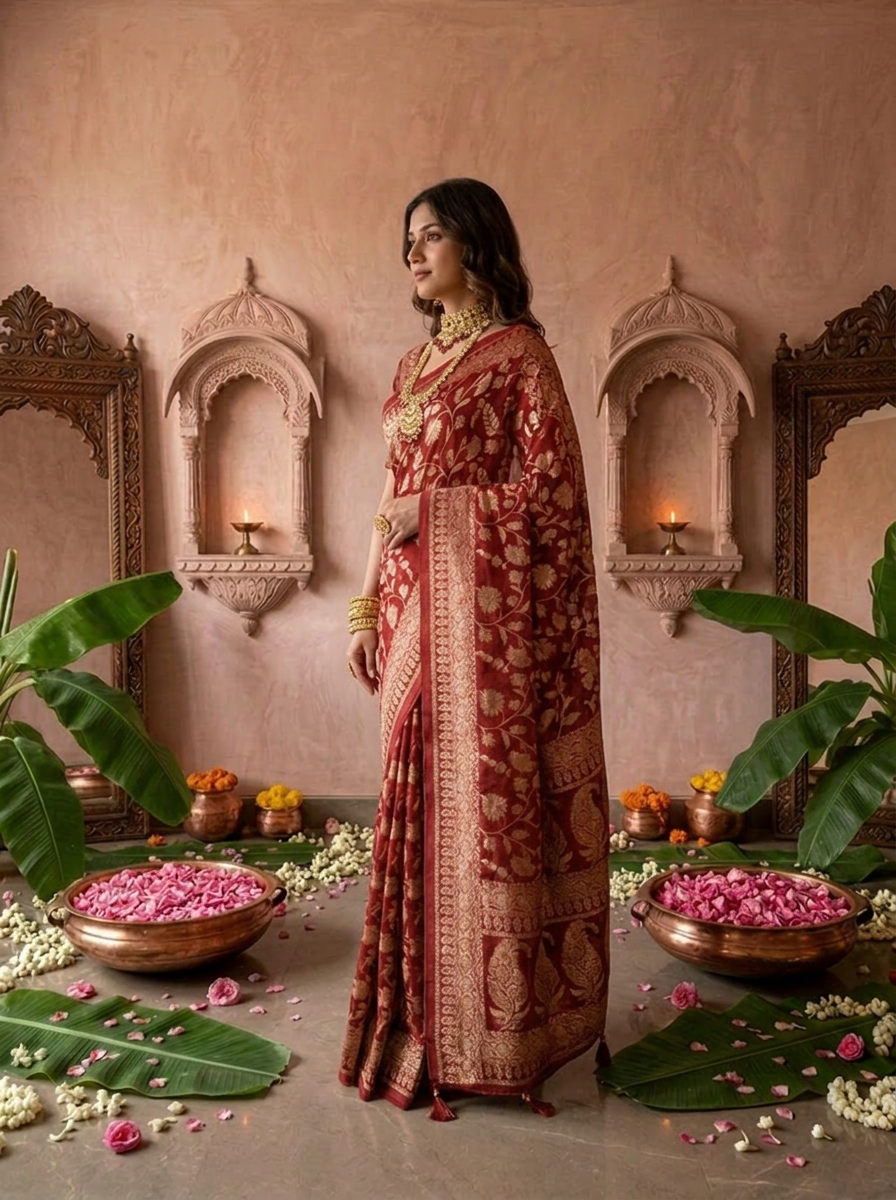 Maroon Banaras Weaved Saree With Floral Design