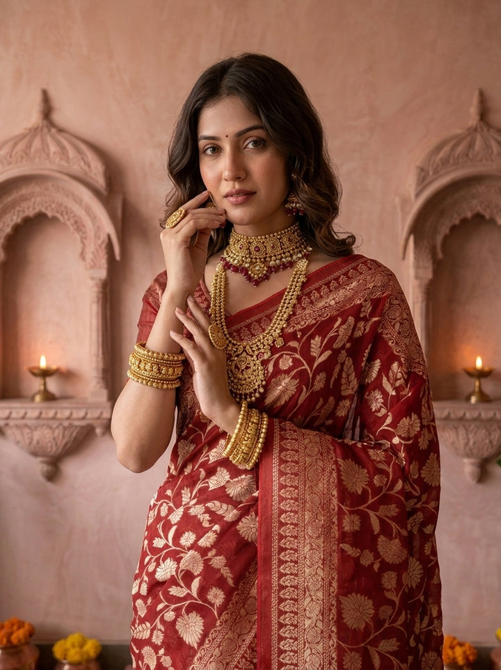 Maroon Banaras Weaved Saree With Floral Design