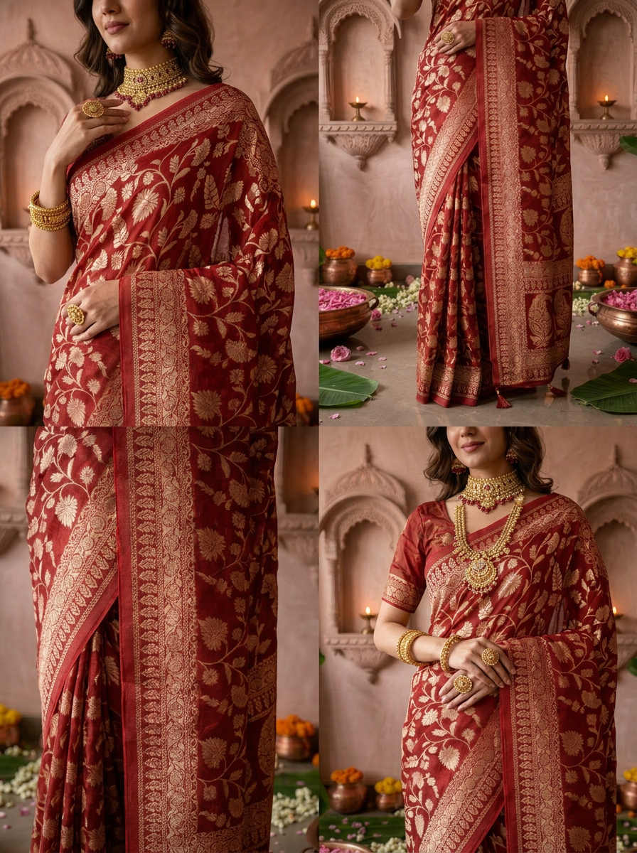 Maroon Banaras Weaved Saree With Floral Design