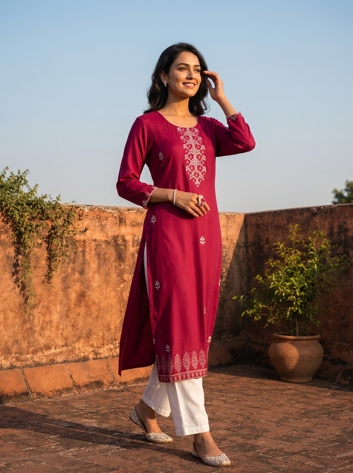 Wine Rayon Buti Floral Motifs Embroidered Kurta