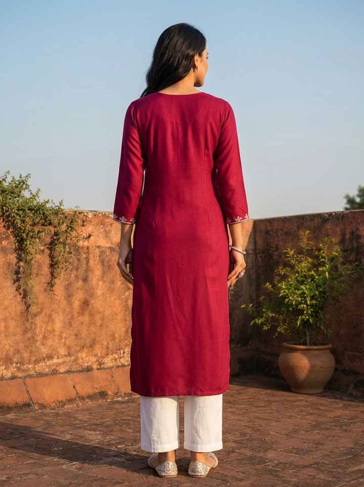 Wine Rayon Buti Floral Motifs Embroidered Kurta