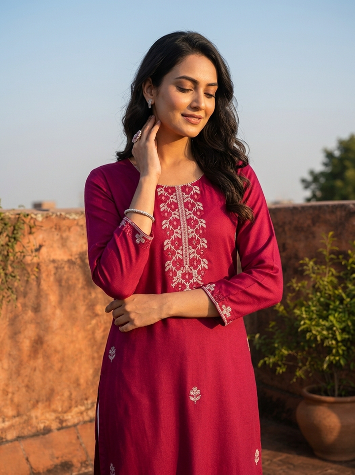 Wine Rayon Buti Floral Motifs Embroidered Kurta