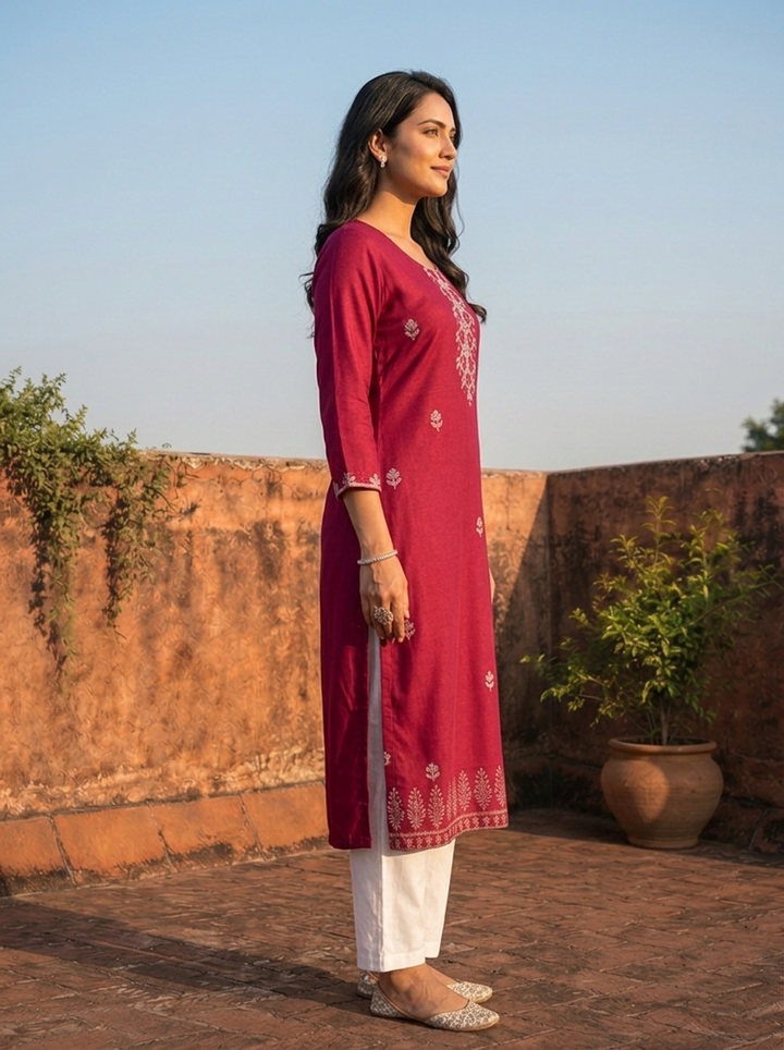 Wine Rayon Buti Floral Motifs Embroidered Kurta