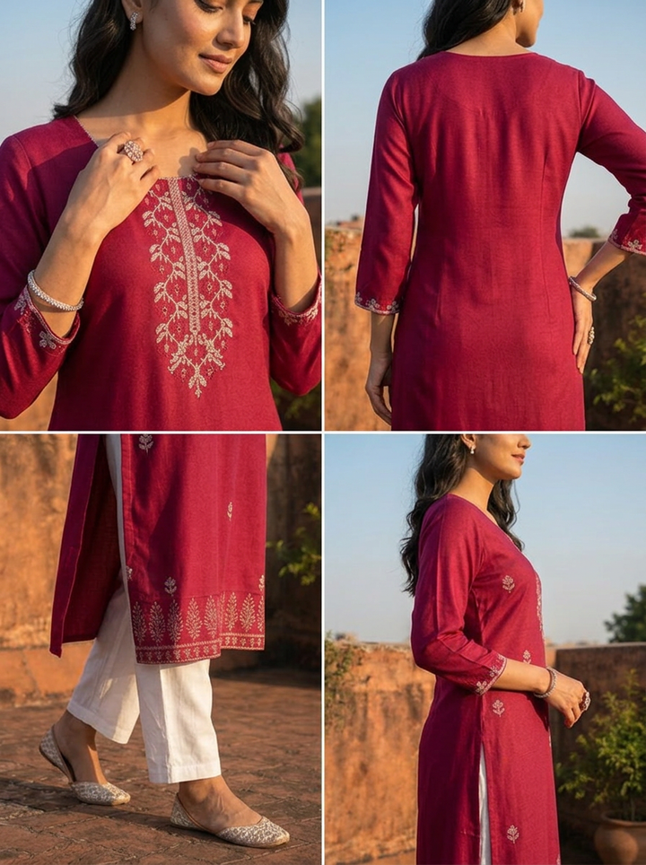 Wine Rayon Buti Floral Motifs Embroidered Kurta