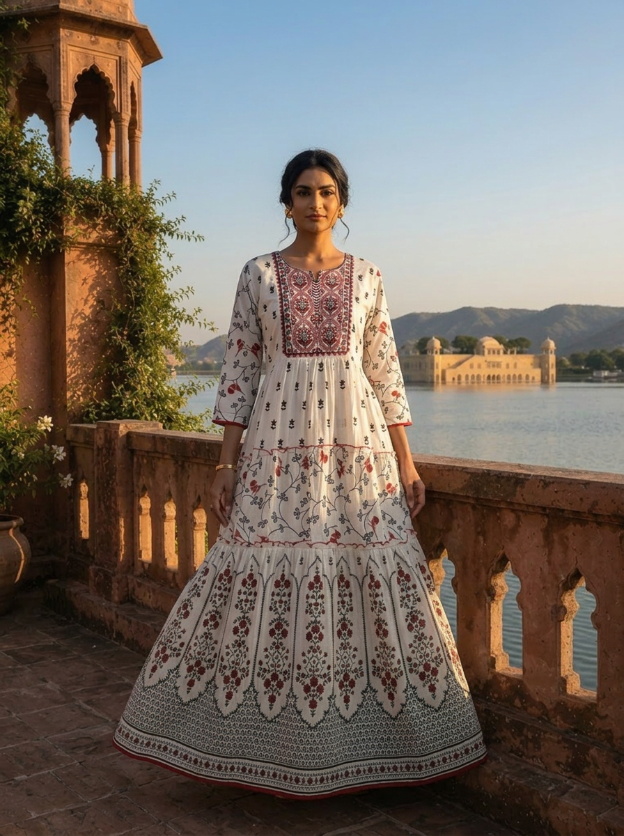 White Cotton Ethnic Floral Printed Dress