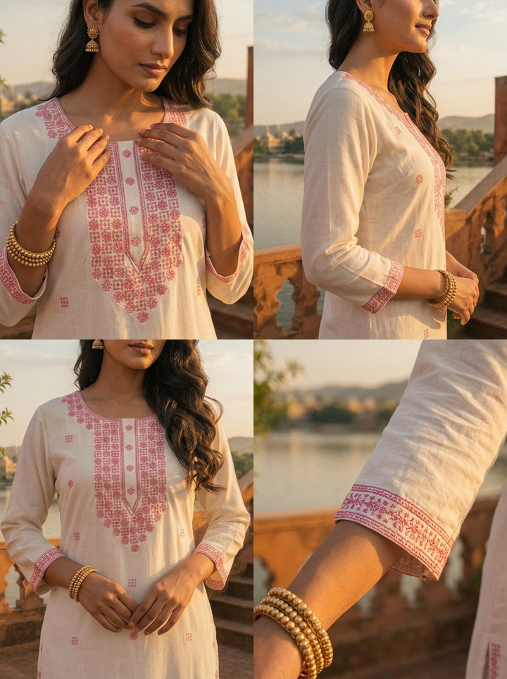 Baby Pink Rayon Geometric Embroidered Kurta