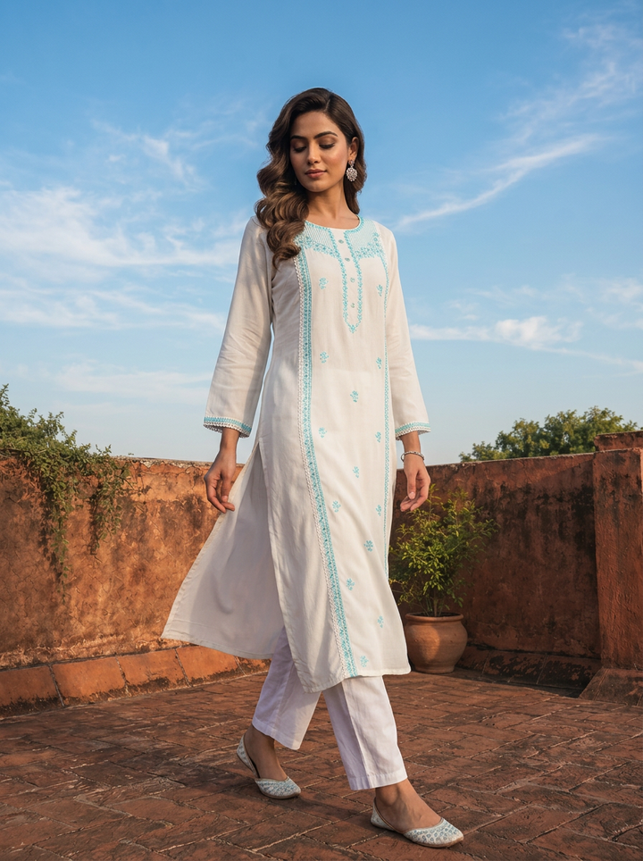 Sky Blue Rayon Floral Thread Embroidered Kurta