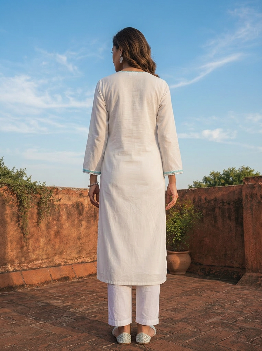 Sky Blue Rayon Floral Thread Embroidered Kurta