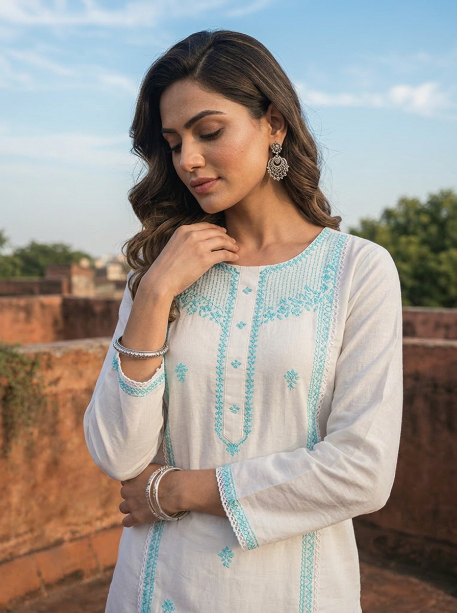 Sky Blue Rayon Floral Thread Embroidered Kurta