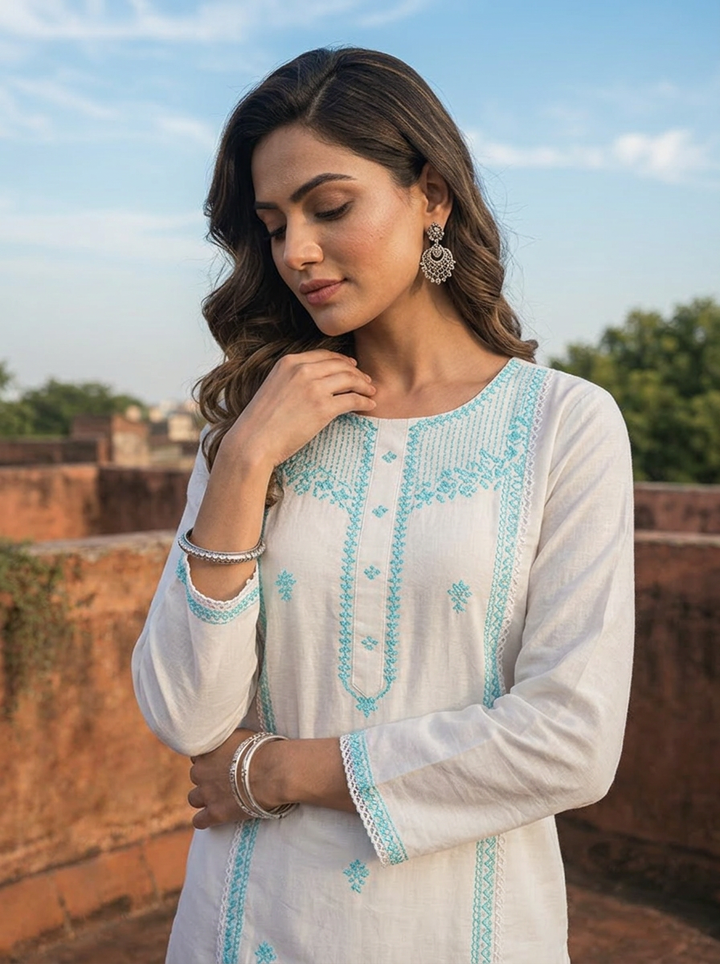 Sky Blue Rayon Floral Thread Embroidered Kurta