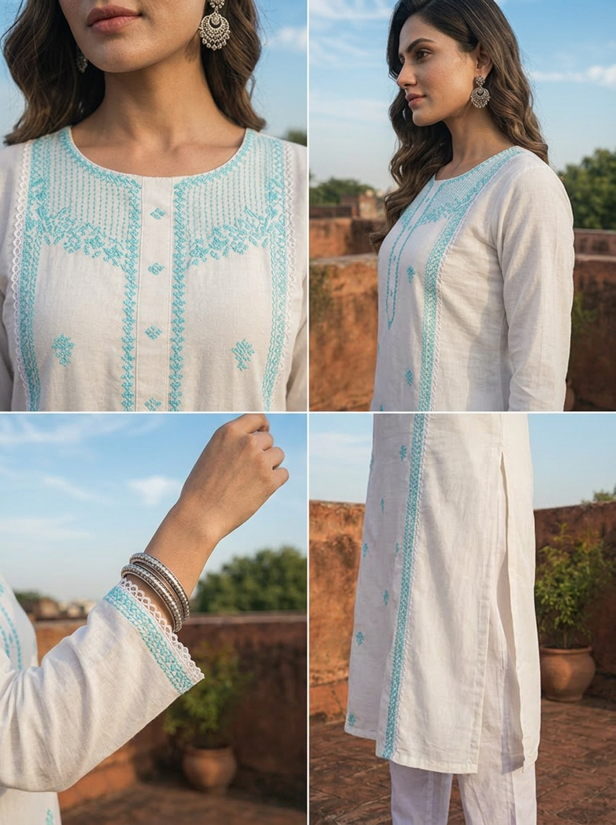 Sky Blue Rayon Floral Thread Embroidered Kurta
