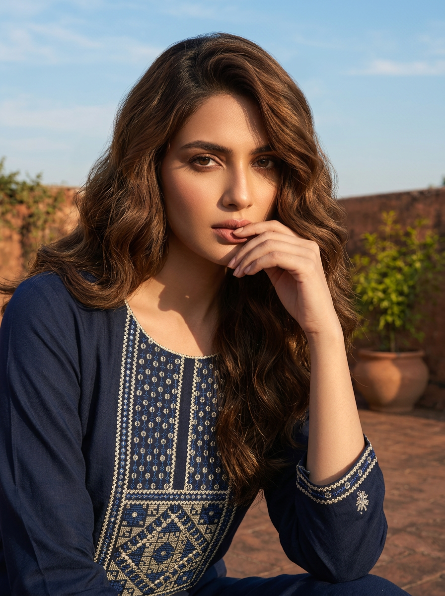 Navy Blue Rayon Rectangular Geometric Embroidered Kurta
