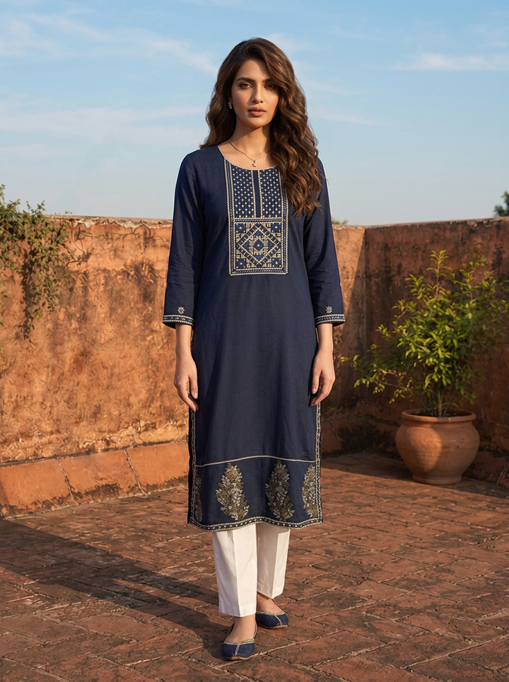 Navy Blue Rayon Rectangular Geometric Embroidered Kurta