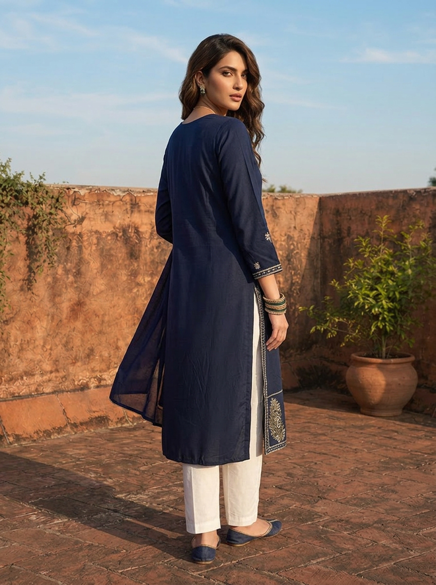 Navy Blue Rayon Rectangular Geometric Embroidered Kurta