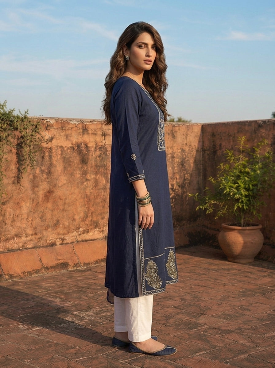 Navy Blue Rayon Rectangular Geometric Embroidered Kurta