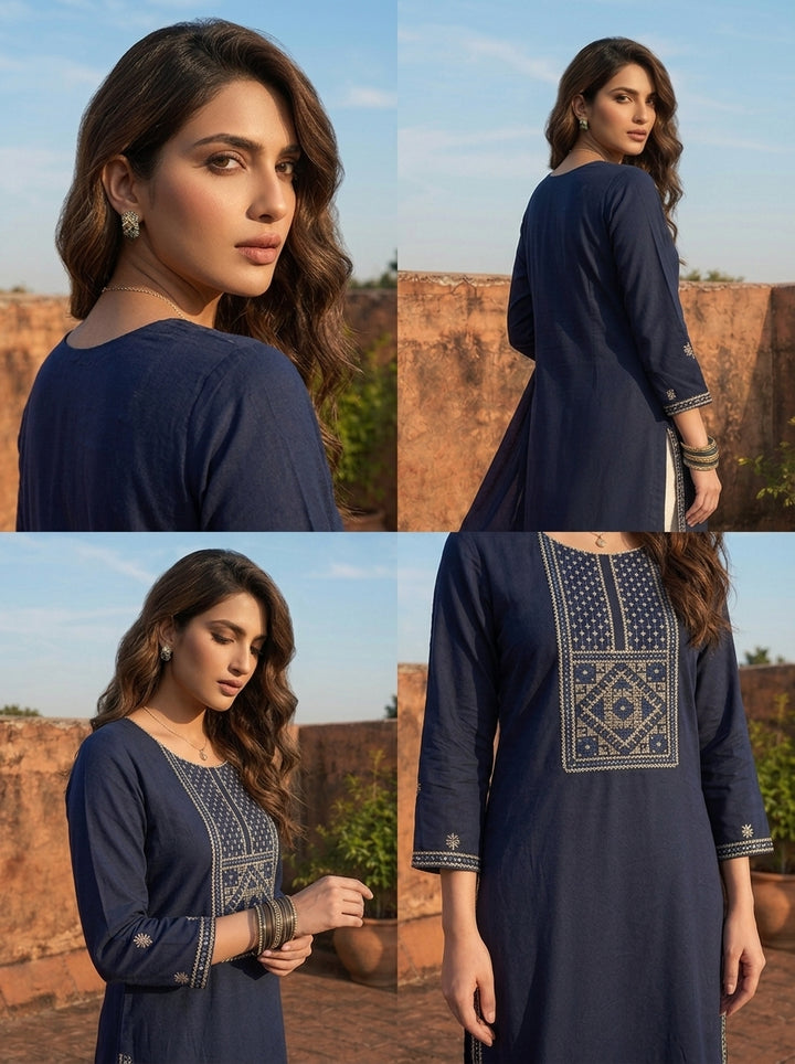Navy Blue Rayon Rectangular Geometric Embroidered Kurta